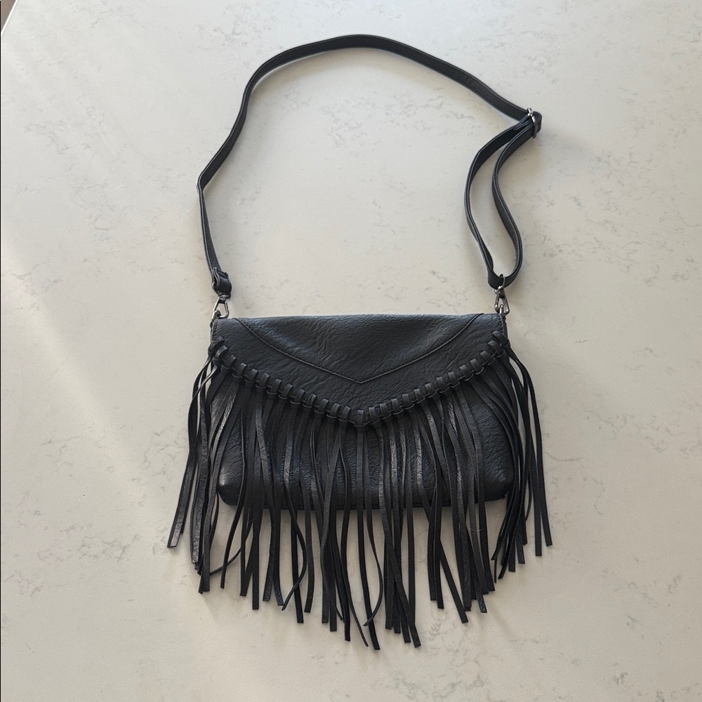 Black Faux Leather Fringe Crossbody Bag